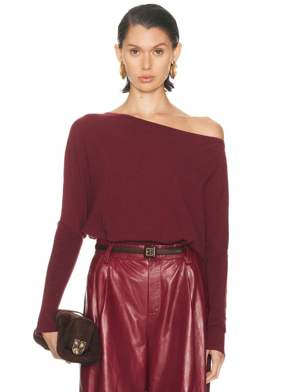 SIMKHAI Lavina Draped Off Shoulder Sweater in Cranberry